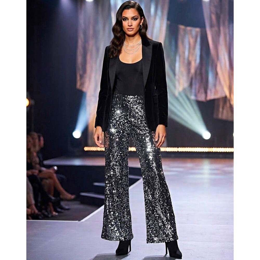 No Boundaries Women's M Black Silver Sequin Flared Pull-On Pants Elastic Waist